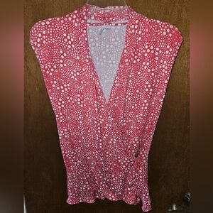 GNW Women Size XL Coral/ Pink & Polka Dots V Neck Cross Front Sleeveless Blouse